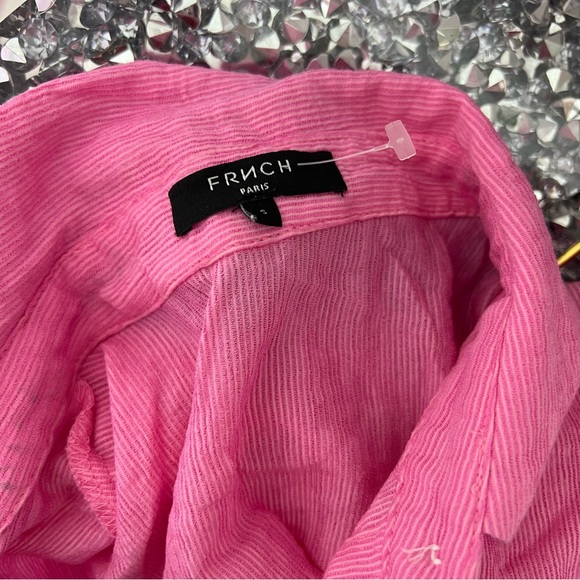 Frnch Paris blouse pink striped tie front bow button down tshirt collared top - Picture 9 of 10
